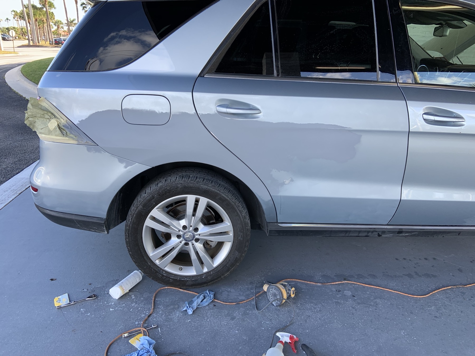 Mercedes ML 350 panel prepared during J&S body and paint dent repair